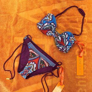 Hale Bob 2 PC Blue Print Bikini Swimsuit Set S Top & XS Bottom